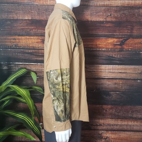 Columbia Top Mens Large Button Up Shirt Hunting Shooting Camo Patch Brown - Picture 2 of 8